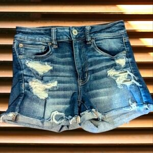 American Eagle Denim Blue Distressed Hi Rise Jean Shorts Cuffed Hems Sz 6
